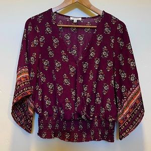 Burgundy Floral Wrap Style Blouse